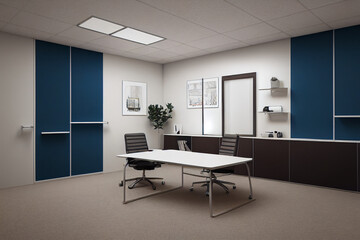 Fototapeta na wymiar A separate director's office. Room with a table and chair of the head, cabinets and attributes of the office space. Director's room mockup for the placement of corporate attributes of the company. 3D 