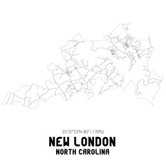 New London North Carolina. US street map with black and white lines.