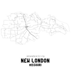 New London Missouri. US street map with black and white lines.