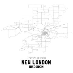 New London Wisconsin. US street map with black and white lines.