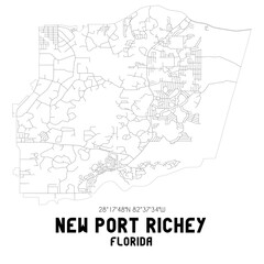 New Port Richey Florida. US street map with black and white lines.