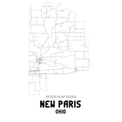 New Paris Ohio. US street map with black and white lines.