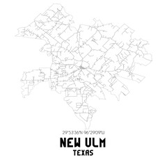 New Ulm Texas. US street map with black and white lines.