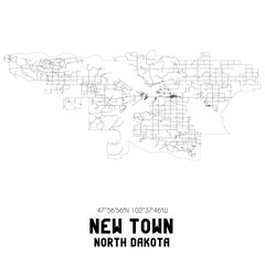 New Town North Dakota. US street map with black and white lines.