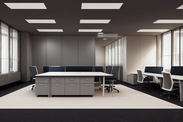 Office room with furniture for employees. Office room mockup with tables and chairs. Open space interior for office workers.  For the placement of corporate attributes of the company. 3D office render