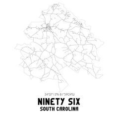 Ninety Six South Carolina. US street map with black and white lines.