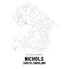 Nichols South Carolina. US street map with black and white lines.