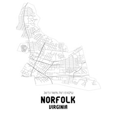 Norfolk Virginia. US street map with black and white lines.