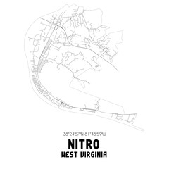 Nitro West Virginia. US street map with black and white lines.