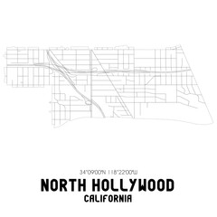 North Hollywood California. US street map with black and white lines.
