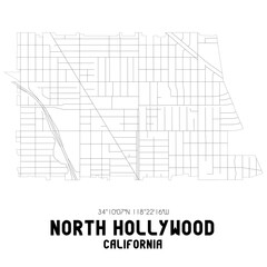 North Hollywood California. US street map with black and white lines.