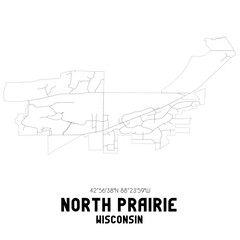 North Prairie Wisconsin. US street map with black and white lines.