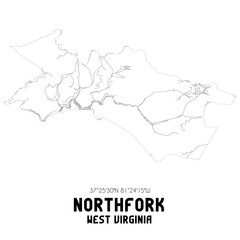 Northfork West Virginia. US street map with black and white lines.