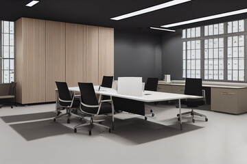 Fototapeta na wymiar Office interior with furniture and paraphernalia. Office mockup with table and chairs, open space room for the placement of corporate attributes of the company. 3D 