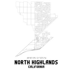 North Highlands California. US street map with black and white lines.