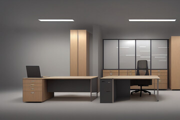 Office room with furniture for employees. Office room mockup with tables and chairs. Open space interior for office workers.  For the placement of corporate attributes of the company. 3D office render