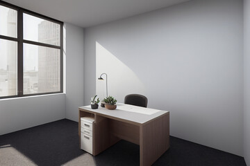 Fototapeta na wymiar Office room with furniture for employees. Office room mockup with tables and chairs. Open space interior for office workers. For the placement of corporate attributes of the company. 3D office render