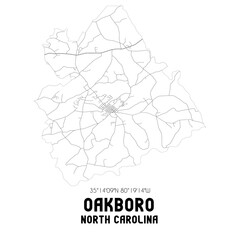 Oakboro North Carolina. US street map with black and white lines.