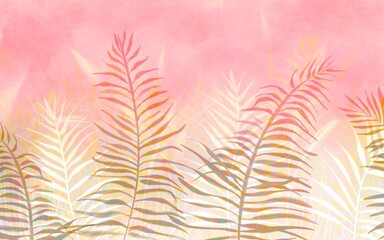 Fototapeta na wymiar Tropical palm leaves wallpaper. Trendy interior mural sunset colours.Fresco concept. Watercolor and artist brushes.