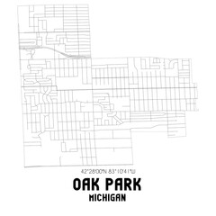 Oak Park Michigan. US street map with black and white lines.