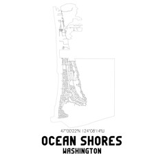 Ocean Shores Washington. US street map with black and white lines.