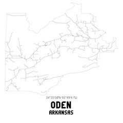 Oden Arkansas. US street map with black and white lines.