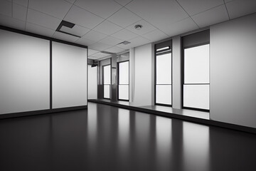 Office room without furniture. Office room mockup of empty walls. Open space interior for office demonstration.  For the placement of corporate attributes of the company. 3D office rendering.
