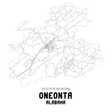 Oneonta Alabama. US street map with black and white lines.
