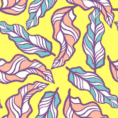 Fototapeta na wymiar Nature seamless vector pattern with hand drawn twig, tree branch with leaves, tropical summer time. Ecological rural theme for poster print, wrapping paper, wallpaper, clothes textile, fabric design.
