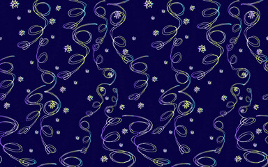 Colorful holiday seamless pattern with iridescent serpentine ribbons on dark blue. Greeting card, gift packaging., wrapping paper. Naive scrabble style collection for happy new year. 