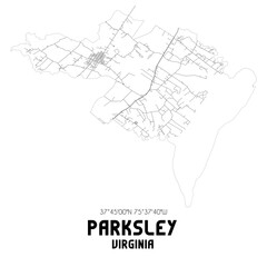 Parksley Virginia. US street map with black and white lines.