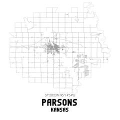 Parsons Kansas. US street map with black and white lines.