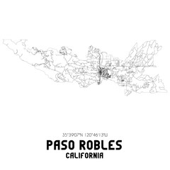 Paso Robles California. US street map with black and white lines.