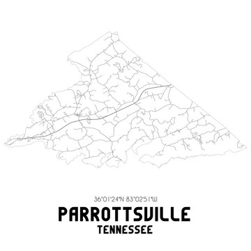 Parrottsville Tennessee. US street map with black and white lines.