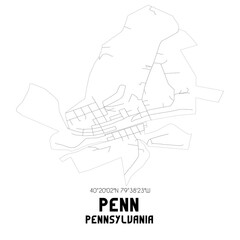 Penn Pennsylvania. US street map with black and white lines.