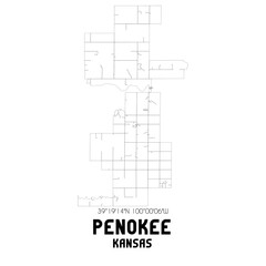 Penokee Kansas. US street map with black and white lines.