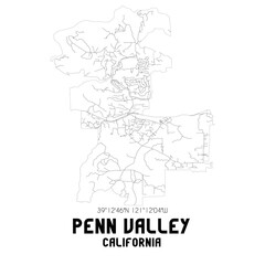 Penn Valley California. US street map with black and white lines.