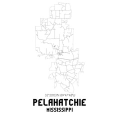 Pelahatchie Mississippi. US street map with black and white lines.