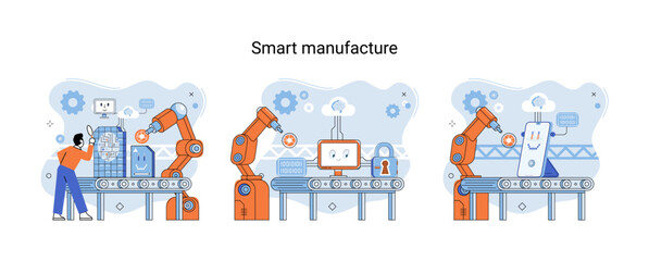 Naklejka premium Smart manufacture metaphor with automated production line. Innovative contemporary smart industry product design, delivery and distribution with people, robots and machinery, conveyor assembly line