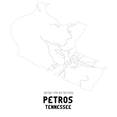 Petros Tennessee. US street map with black and white lines.