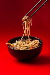bowl of noodles with beef and vegetables on a red background