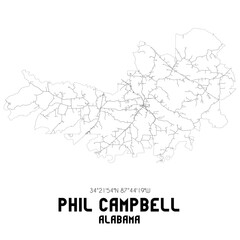 Phil Campbell Alabama. US street map with black and white lines.