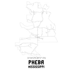 Pheba Mississippi. US street map with black and white lines.