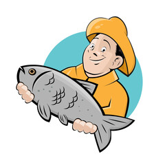 cartoon illustration of a funny fisherman holding a fish