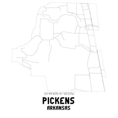 Pickens Arkansas. US street map with black and white lines.