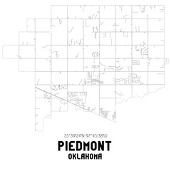 Piedmont Oklahoma. US street map with black and white lines.