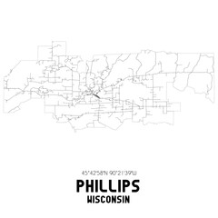 Phillips Wisconsin. US street map with black and white lines.