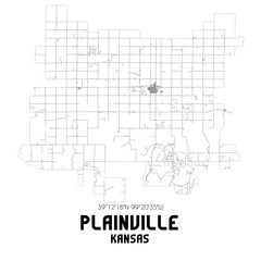 Plainville Kansas. US street map with black and white lines.