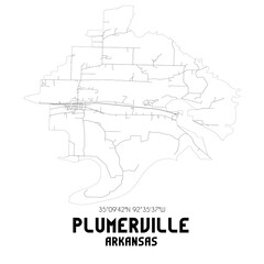 Plumerville Arkansas. US street map with black and white lines.