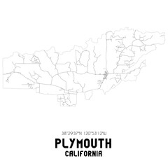 Plymouth California. US street map with black and white lines.